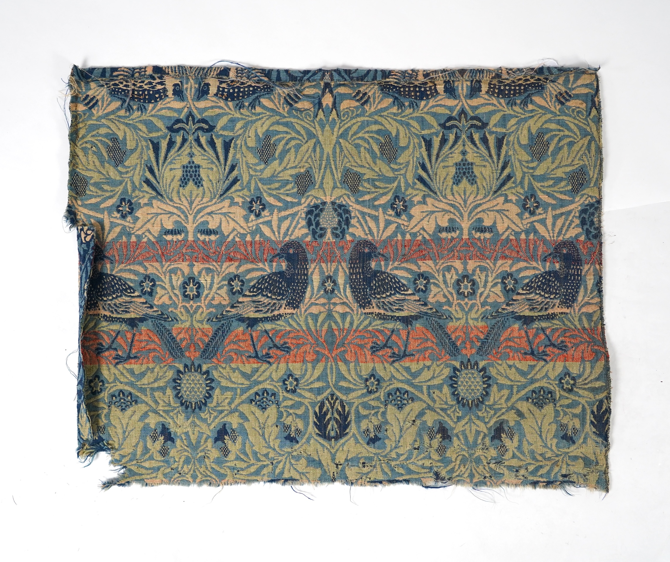 A later sample panel of William Morris ‘Bird’ design, jacquard-woven woollen double cloth, furnishing fabric. Originally manufactured in 1877-1888 by Merton Abbey Workshop for Morris &Co. 91cm x 71cm